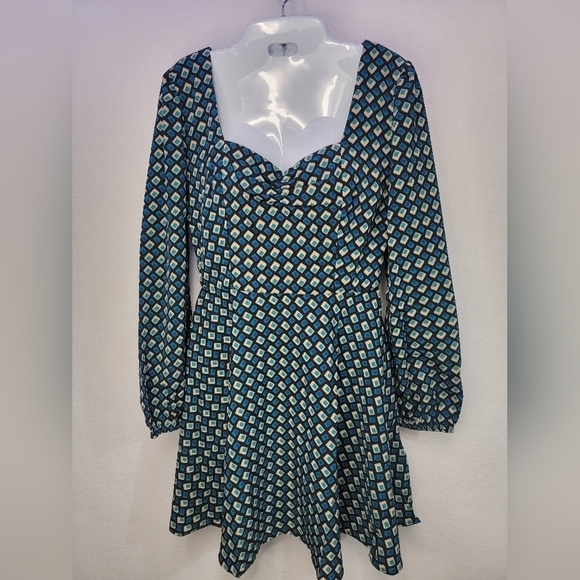 Band of The Free Genevieve Teal Diamond Long Sleeve Mini Dress Women's Medium - Picture 3 of 12